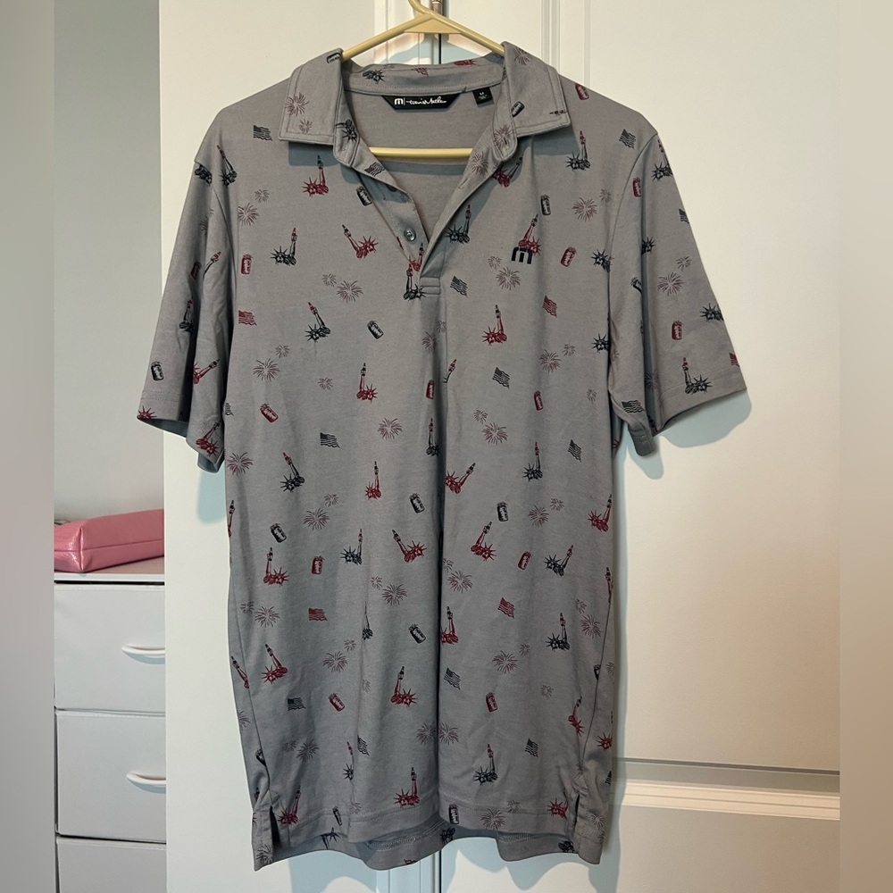 TravisMathew Justice In Beer Polo Mens M Gray Golf Shirt Patriotic Print - Picture 10 of 10